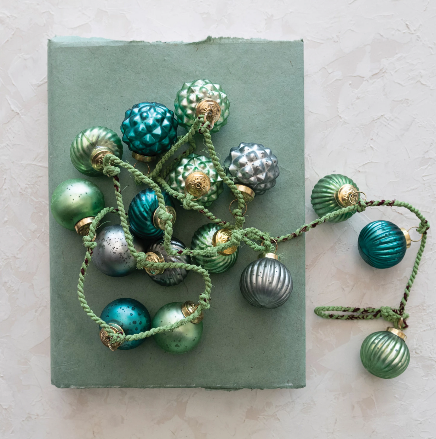 Mercury Glass Ornament Garland on Braided Sari Fabric