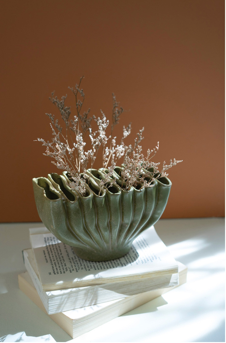 Green Ceramic Folds Vase Set