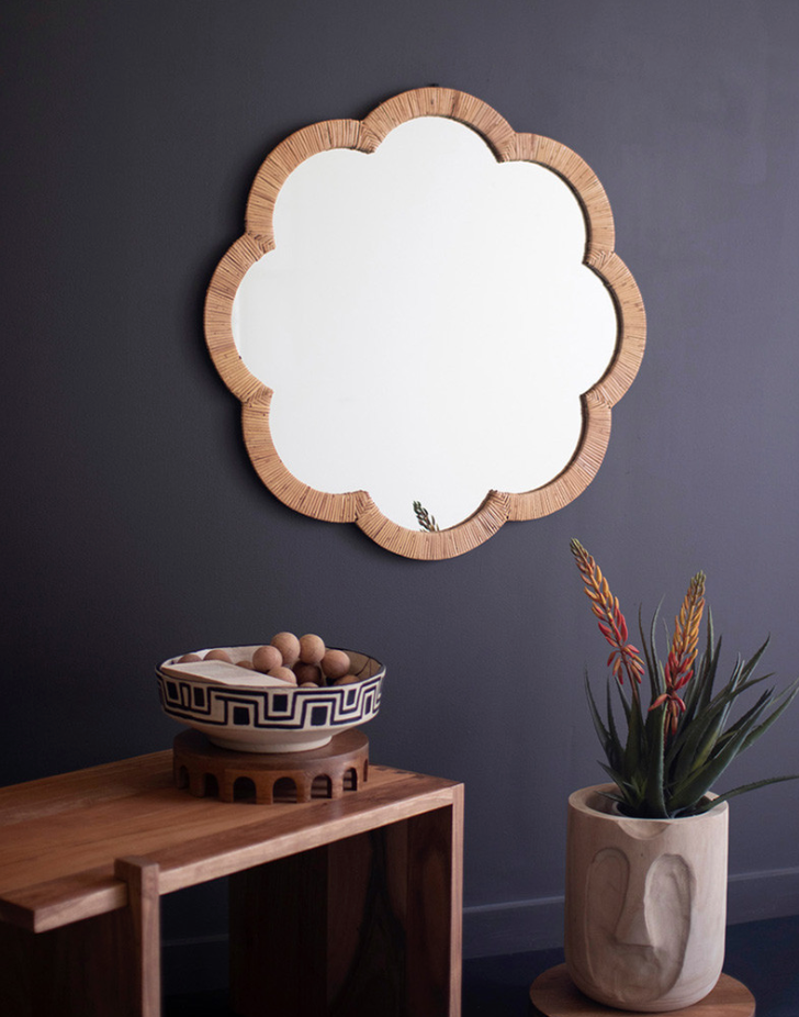 Woven Cane Flower Shaped Framed Mirror
