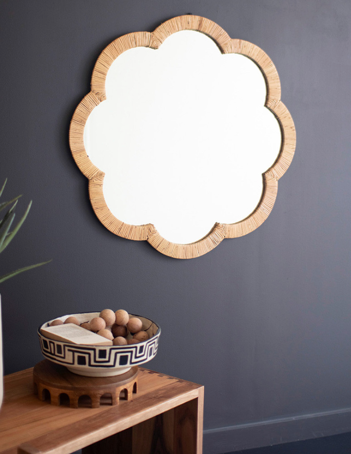 Woven Cane Flower Shaped Framed Mirror