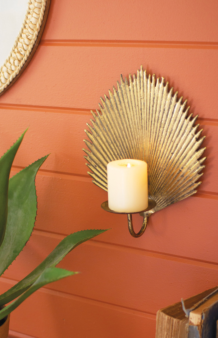 Antique Brass Palm Leaf Candle Sconce Set