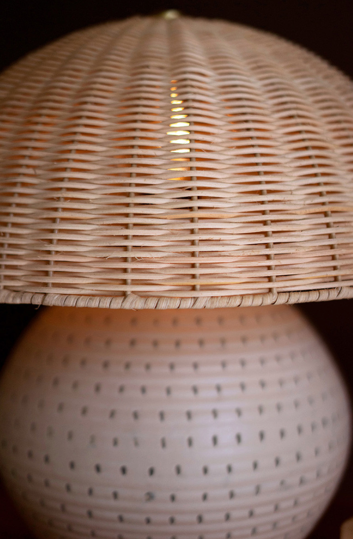 Ceramic Table Lamp With Dome Rattan Shade