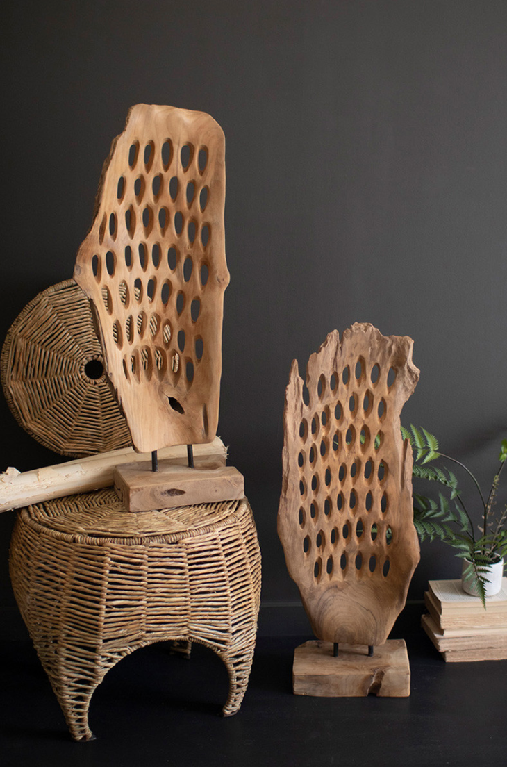 Perforated Carved Teak Wood Sculpture on a Base