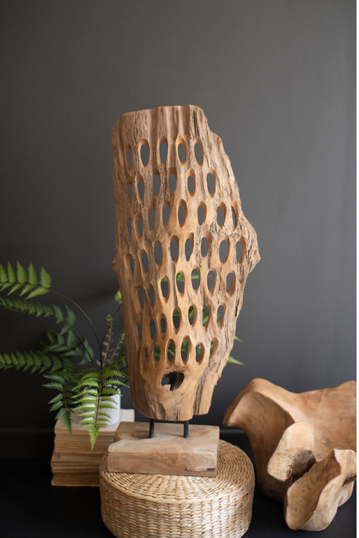 Perforated Carved Teak Wood Sculpture on a Base