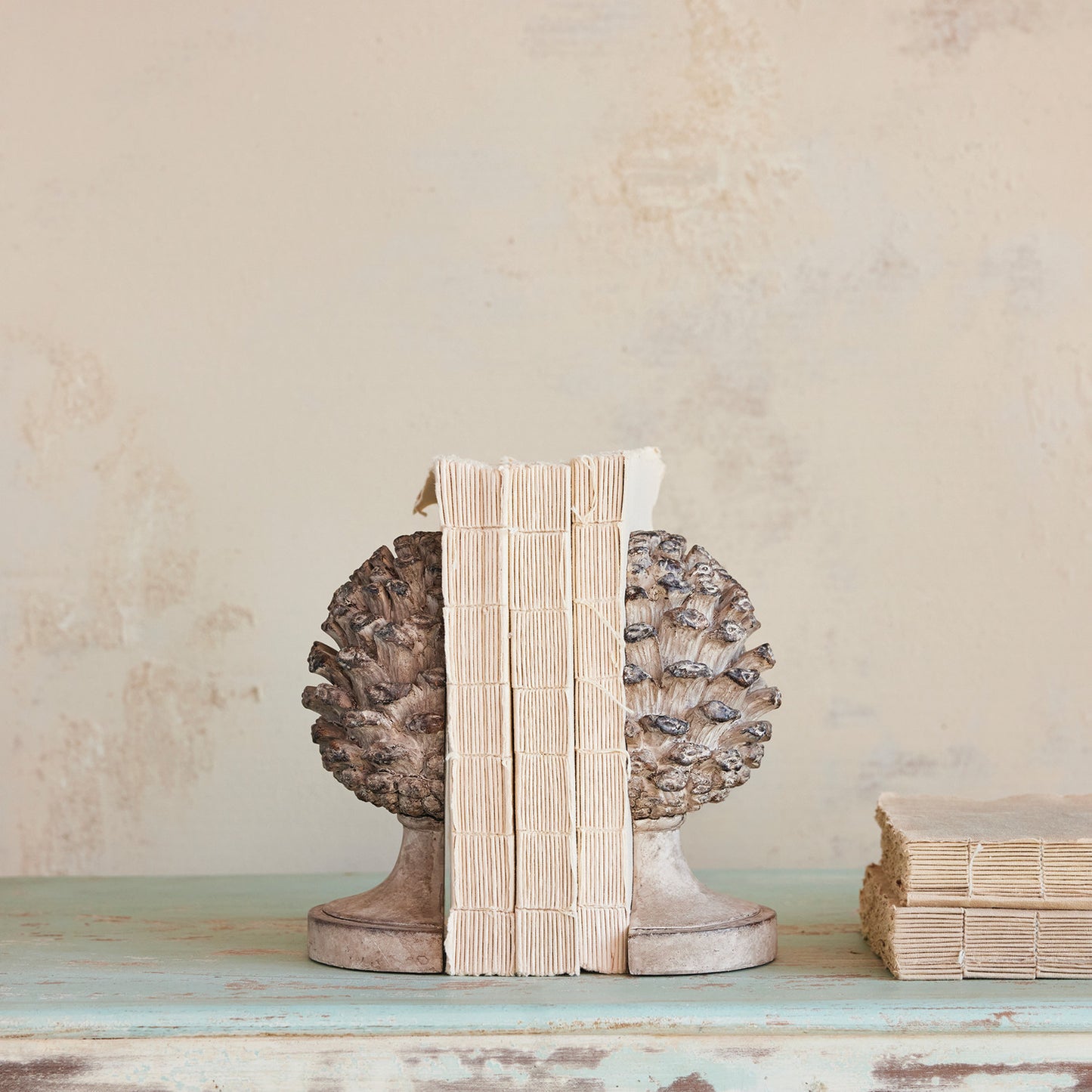 Resin Pinecone Shaped Finial Bookends, Distressed Finish, Set of 2