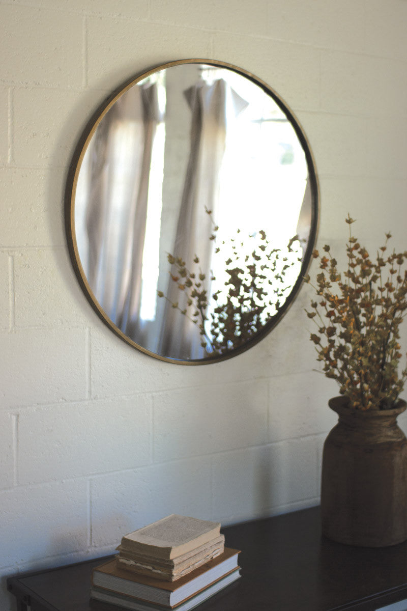 Round Mirror with Antiqued Brass Metal Frame