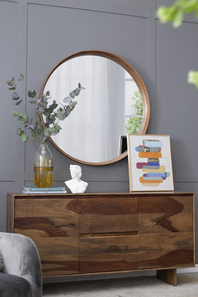 Round Wooden Accent Mirror