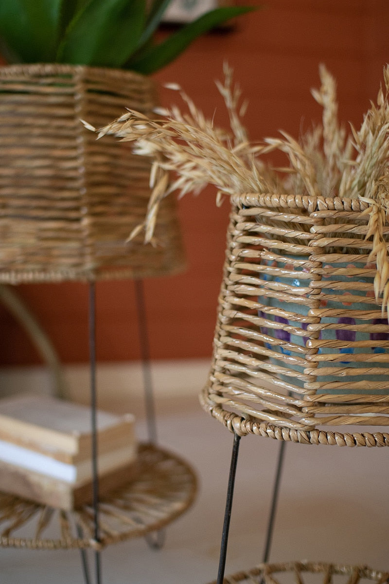 Seagrass and Iron Plant Stands with Bottom Shelf