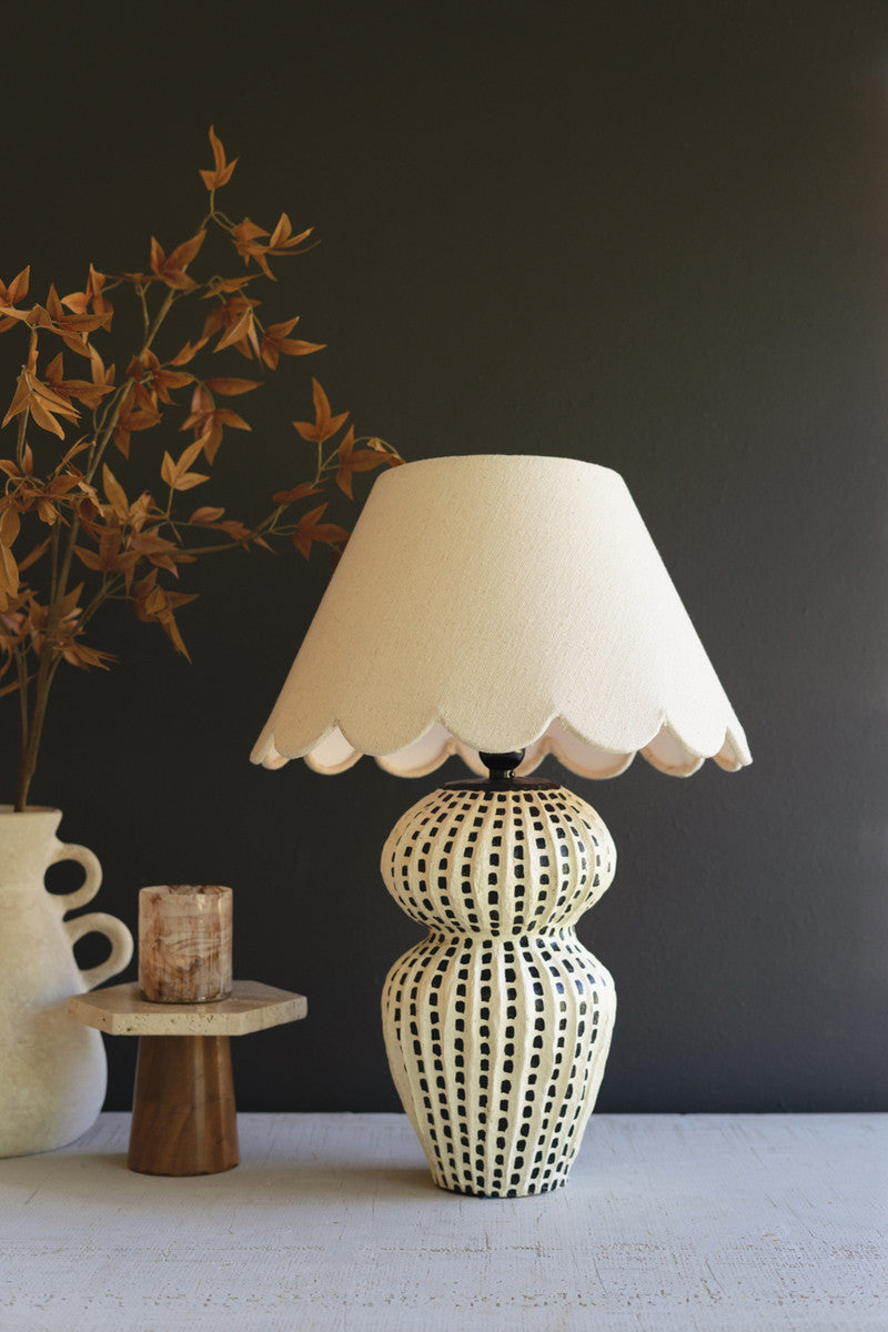 Paper Mache Lamp Base with Black Vertical Dots and Scalloped Fabric Shade