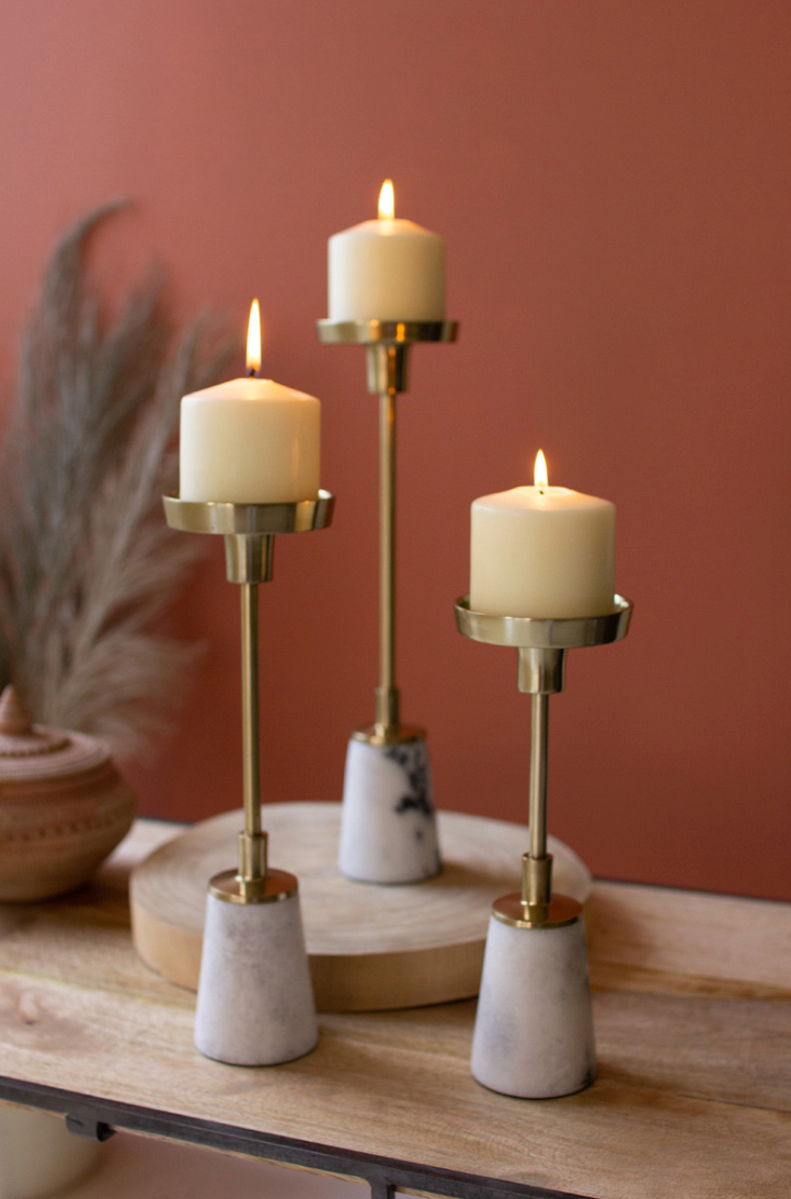 Brass Pillar Candle Holders with Marble Bases Set