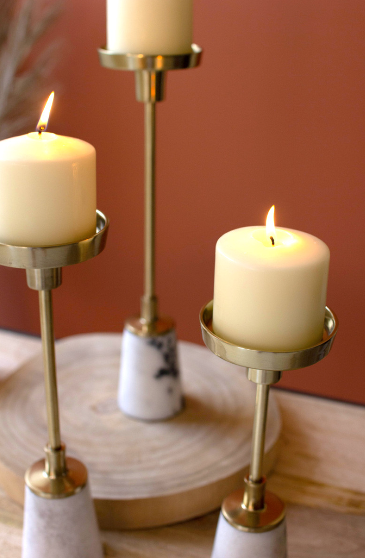 Brass Pillar Candle Holders with Marble Bases Set