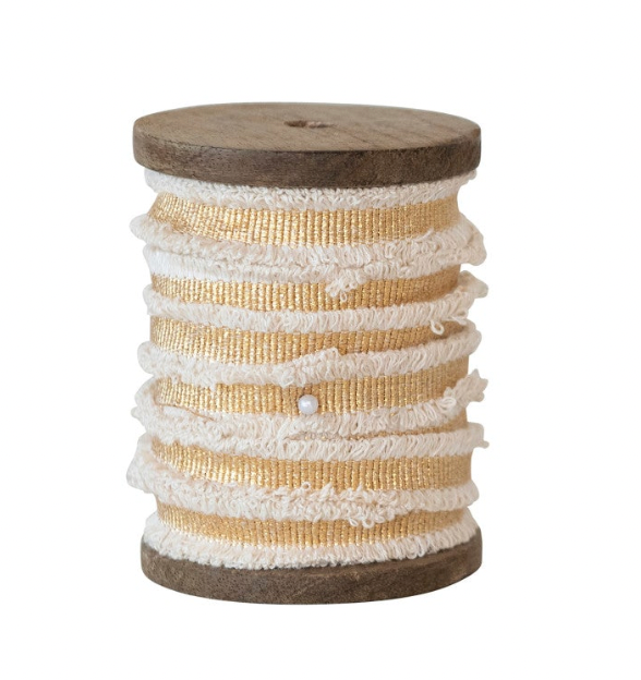 Cotton Ribbon w/ Metallic Thread & Fringe on Wood Spool