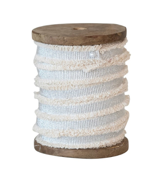 Cotton Ribbon w/ Metallic Thread & Fringe on Wood Spool