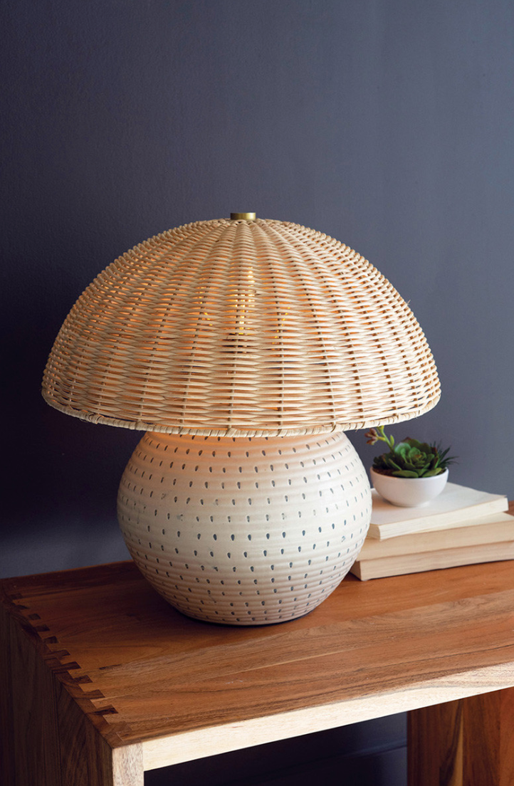 Ceramic Table Lamp With Dome Rattan Shade