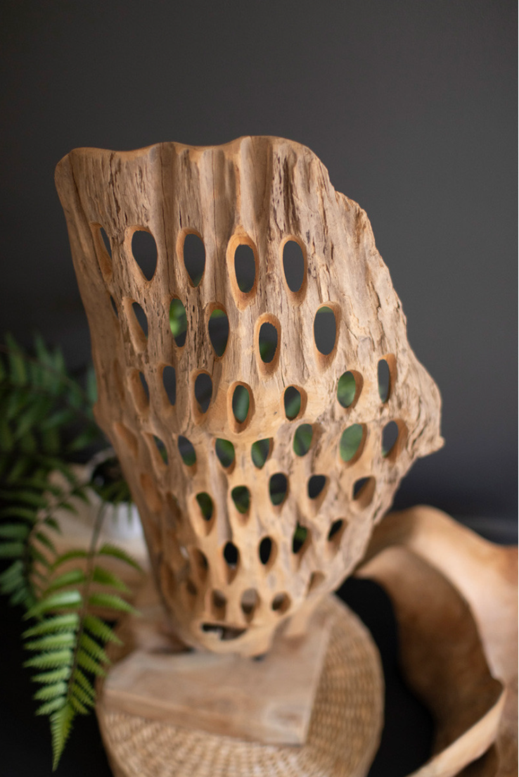 Perforated Carved Teak Wood Sculpture on a Base