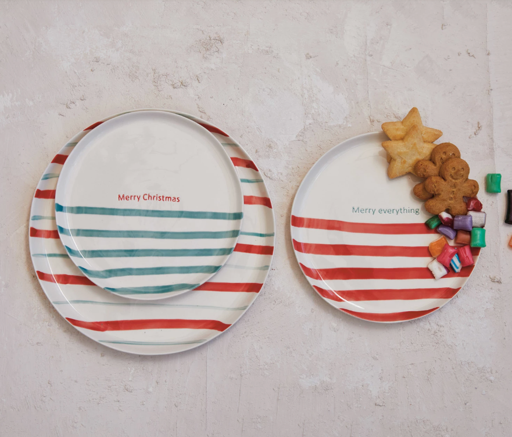 Striped Holiday Saying Stoneware Plates