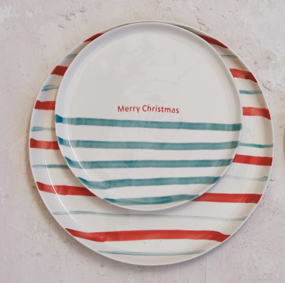 Striped Holiday Saying Stoneware Plates