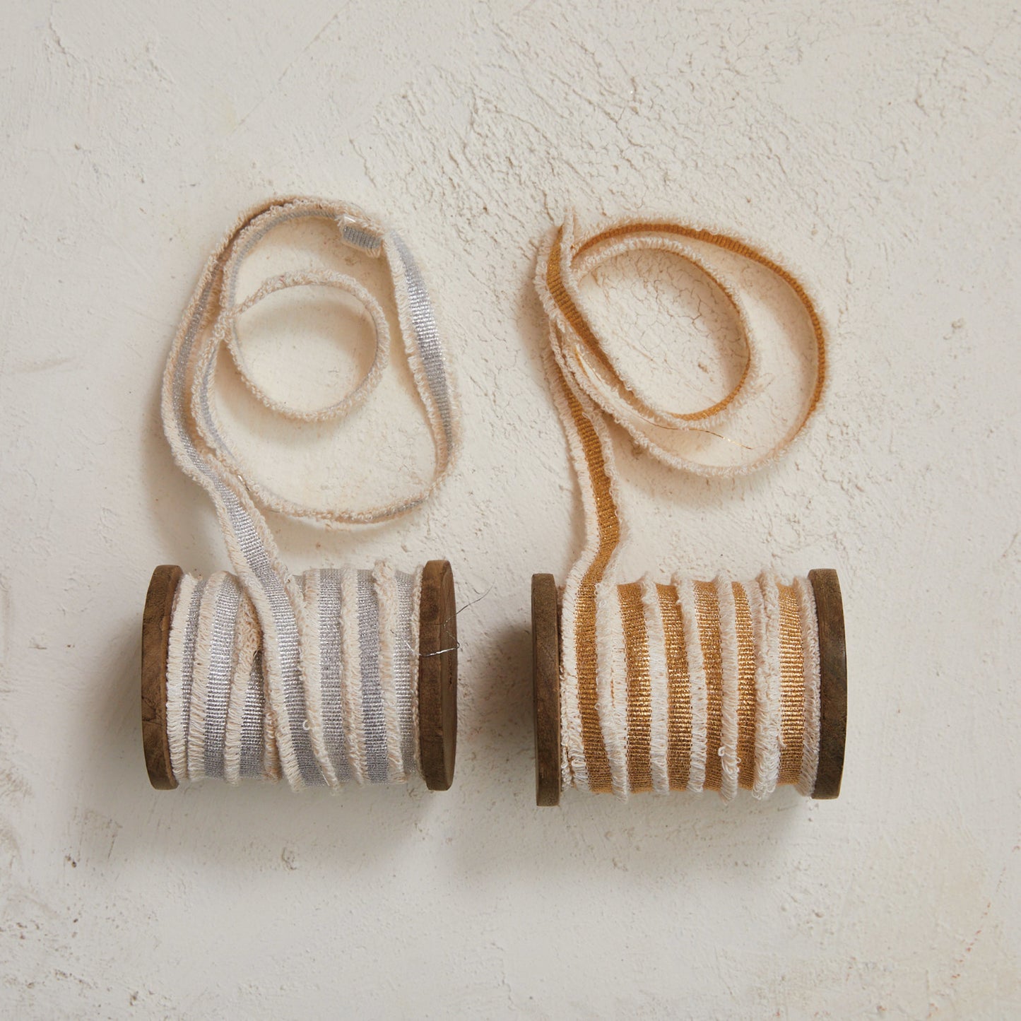 Cotton Ribbon w/ Metallic Thread & Fringe on Wood Spool