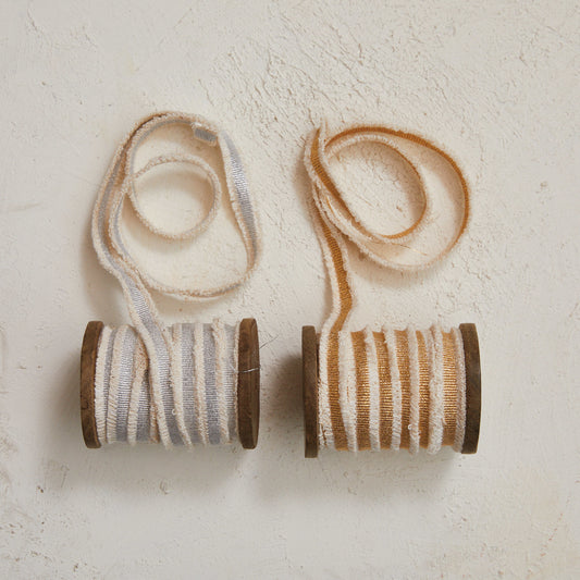 Cotton Ribbon w/ Metallic Thread & Fringe on Wood Spool