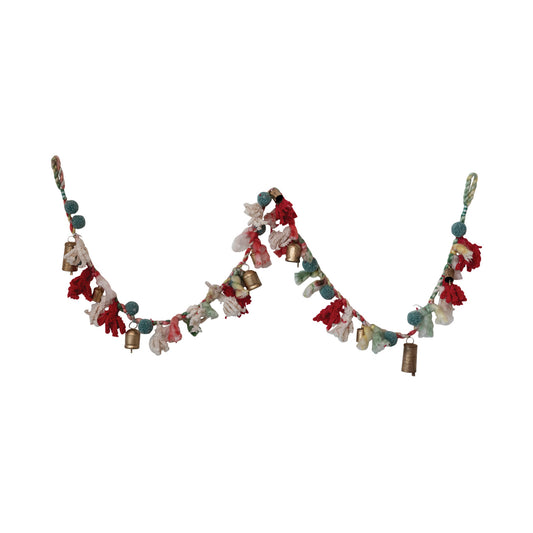 Wool & Cotton Blend Garland w/ Pom Poms & Metal Bells