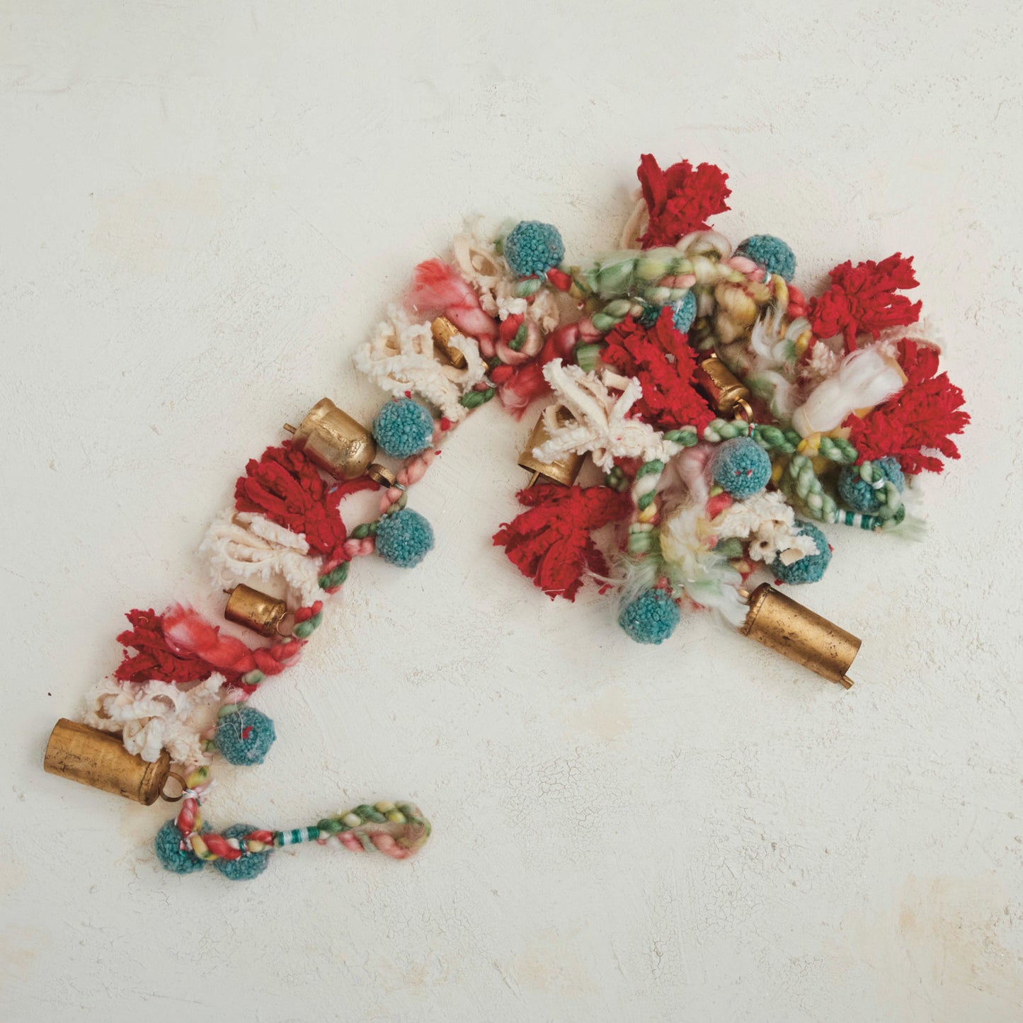Wool & Cotton Blend Garland w/ Pom Poms & Metal Bells
