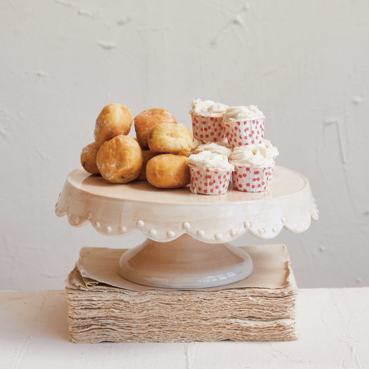 Hand-Painted Stoneware Pedestal w/ Scalloped Edge