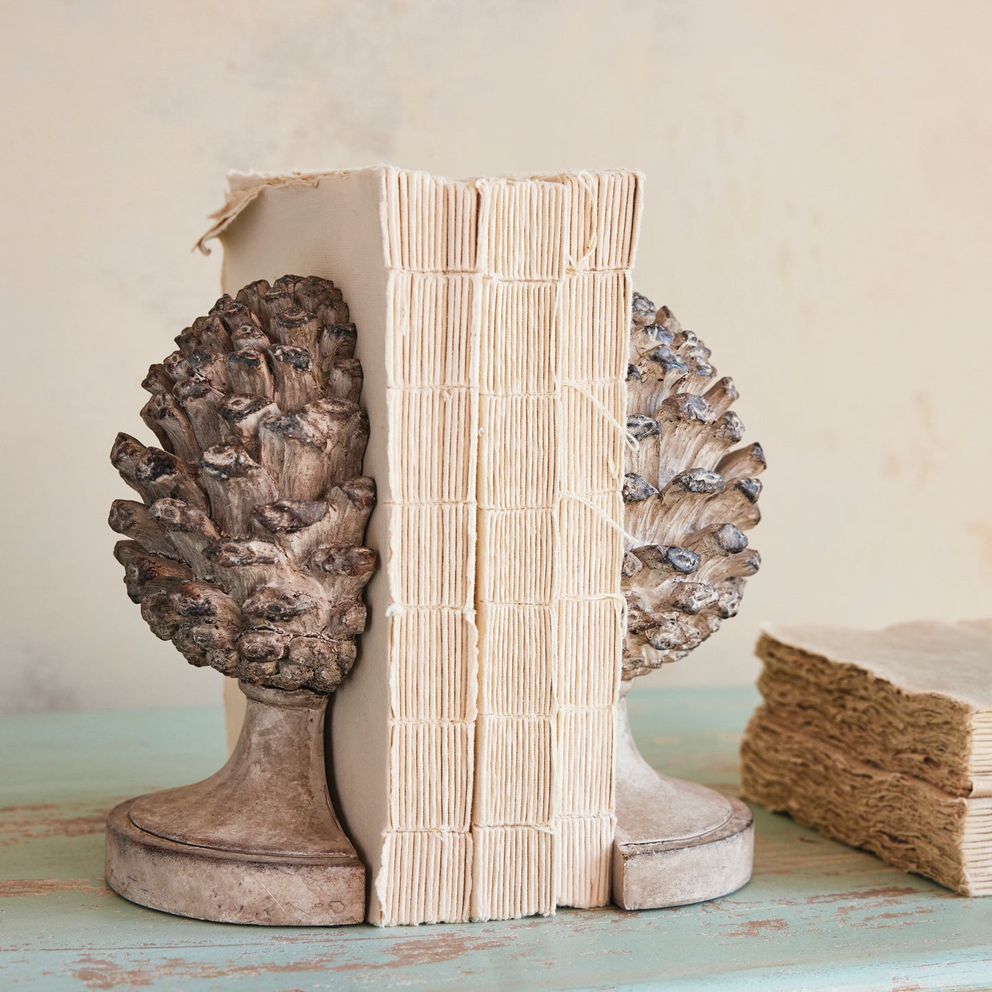 Resin Pinecone Shaped Finial Bookends, Distressed Finish, Set of 2