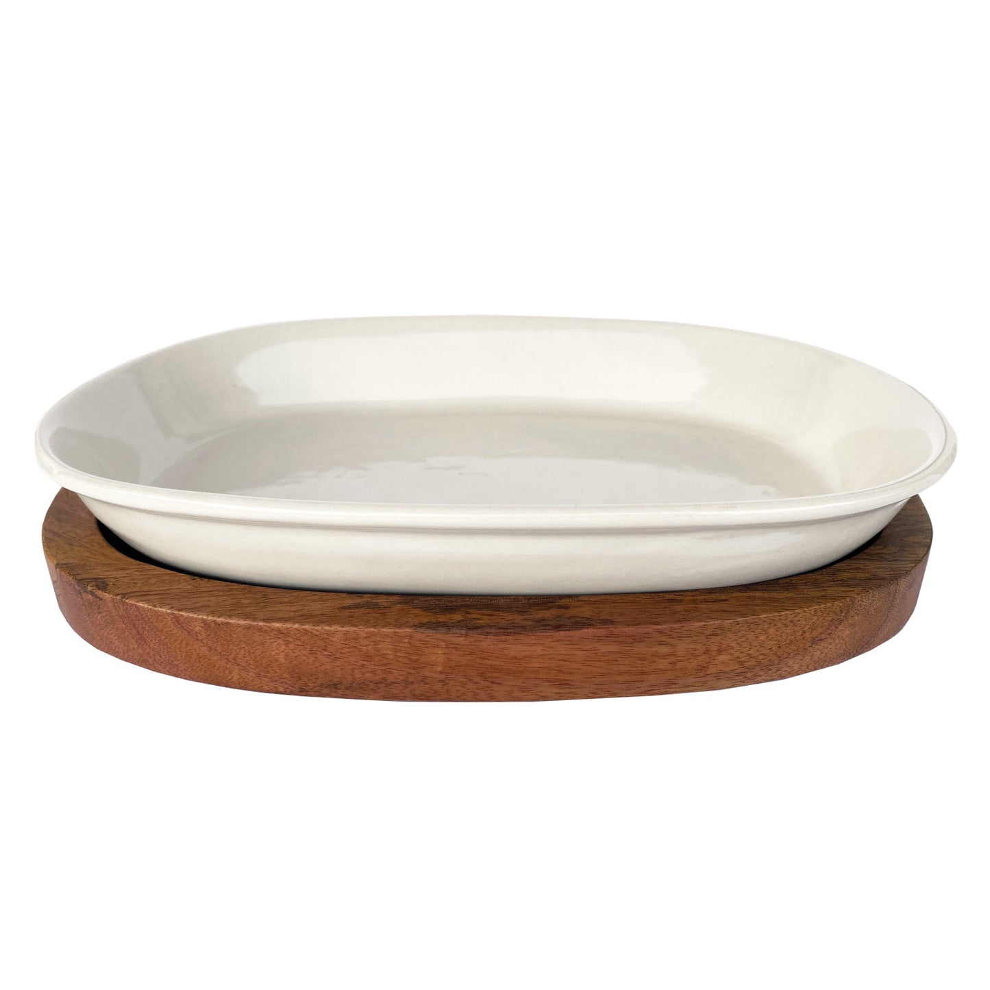 1 Quart Stoneware Serving Dish/Casserole Baker w/ Mango Wood Base, Set of 2