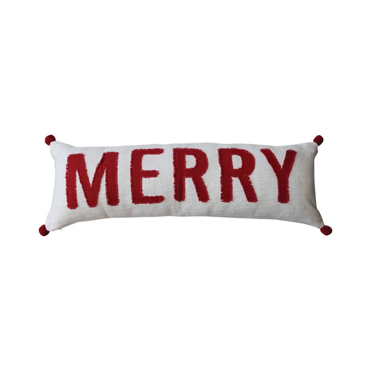 Woven Cotton Lumbar Pillow w/ Appliqued "Merry"