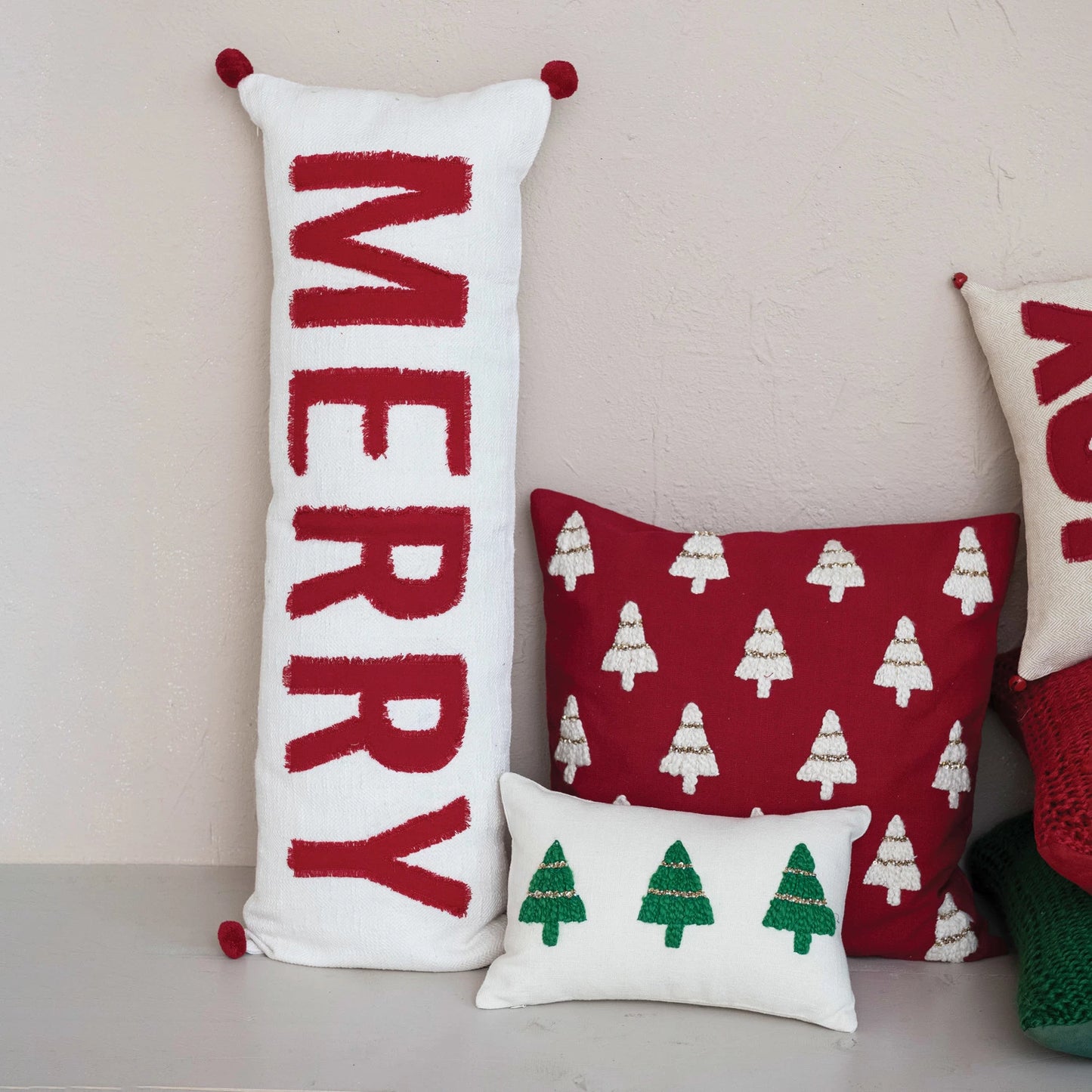 Woven Cotton Lumbar Pillow w/ Appliqued "Merry"