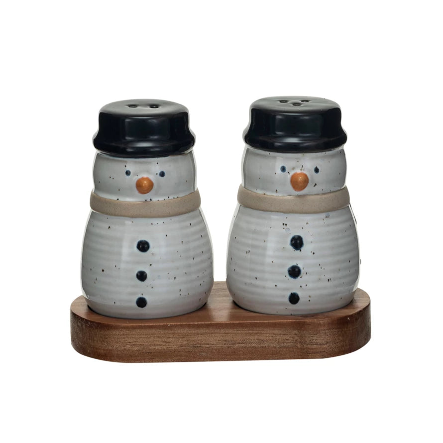 Stoneware Snowmen Shaped Salt & Pepper Shakers