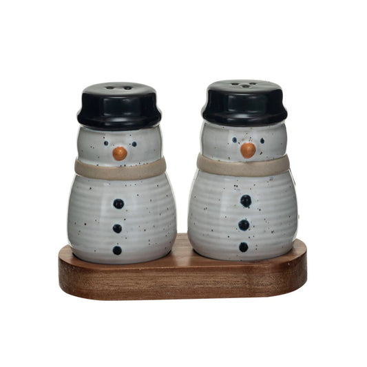 Stoneware Snowmen Shaped Salt & Pepper Shakers