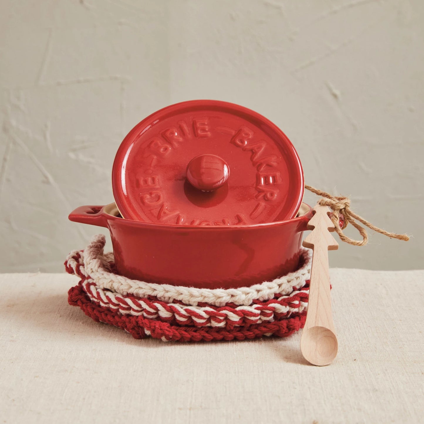 Stoneware Brie Baker w/ Wood Tree Shaped Spoon