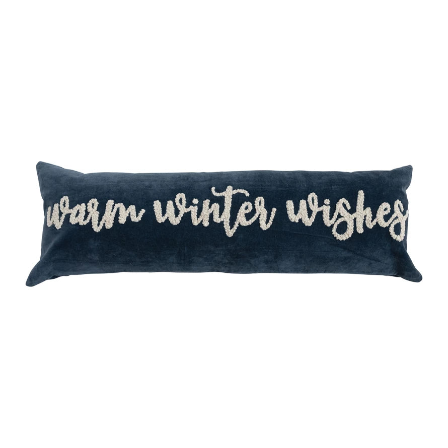 Lumbar Pillow with Embroidered "Warm Winter Wishes"