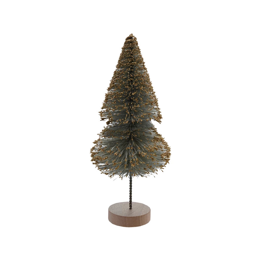 Small Sisal Bottle Brush Tree with Gold Glitter & Wood Base